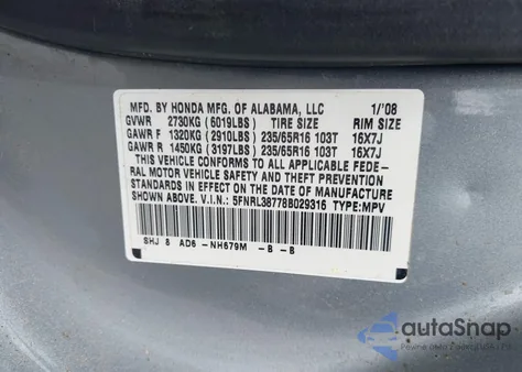 2008 Honda Odyssey Ex-L from USA, damaged, VIN 5FNRL38778B029316